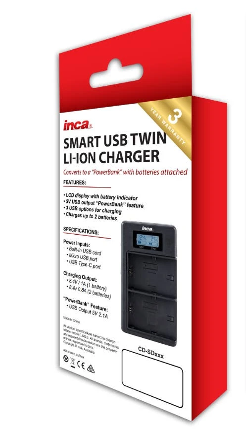 INCA Charger USB Twin SONY NP-F970 Int USB Cord Input Micro&TypeC Port LCD/Powerbank 2 INCA Charger USB Twin SONY NP-F970 Int USB Cord Input Micro&TypeC Port LCD/Powerbank - Image 2